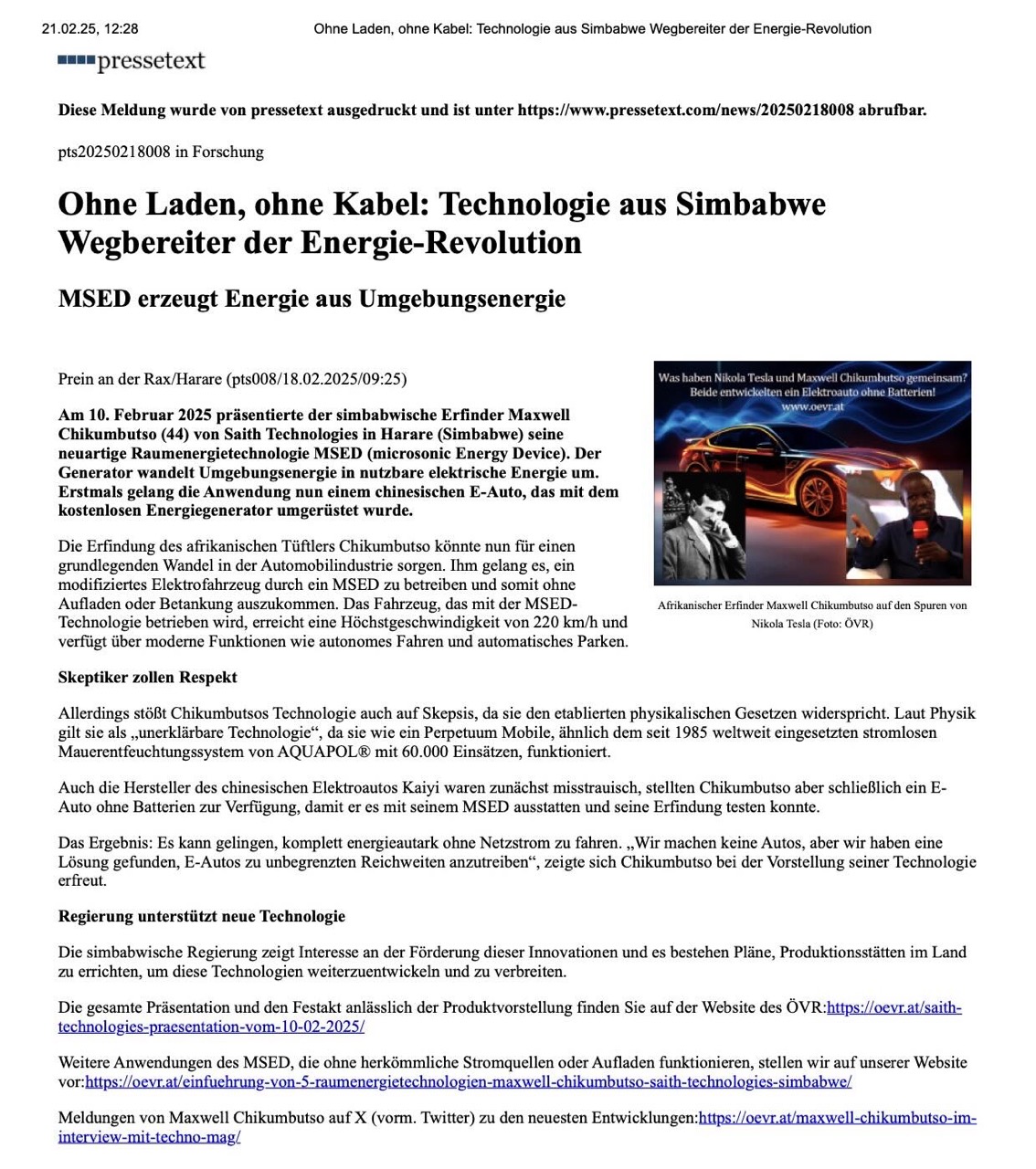 2025.02.17 | Ohne Laden, ohne Kabel Technologie aus Simbabwe; Wegbereiter der Energie-Revolution