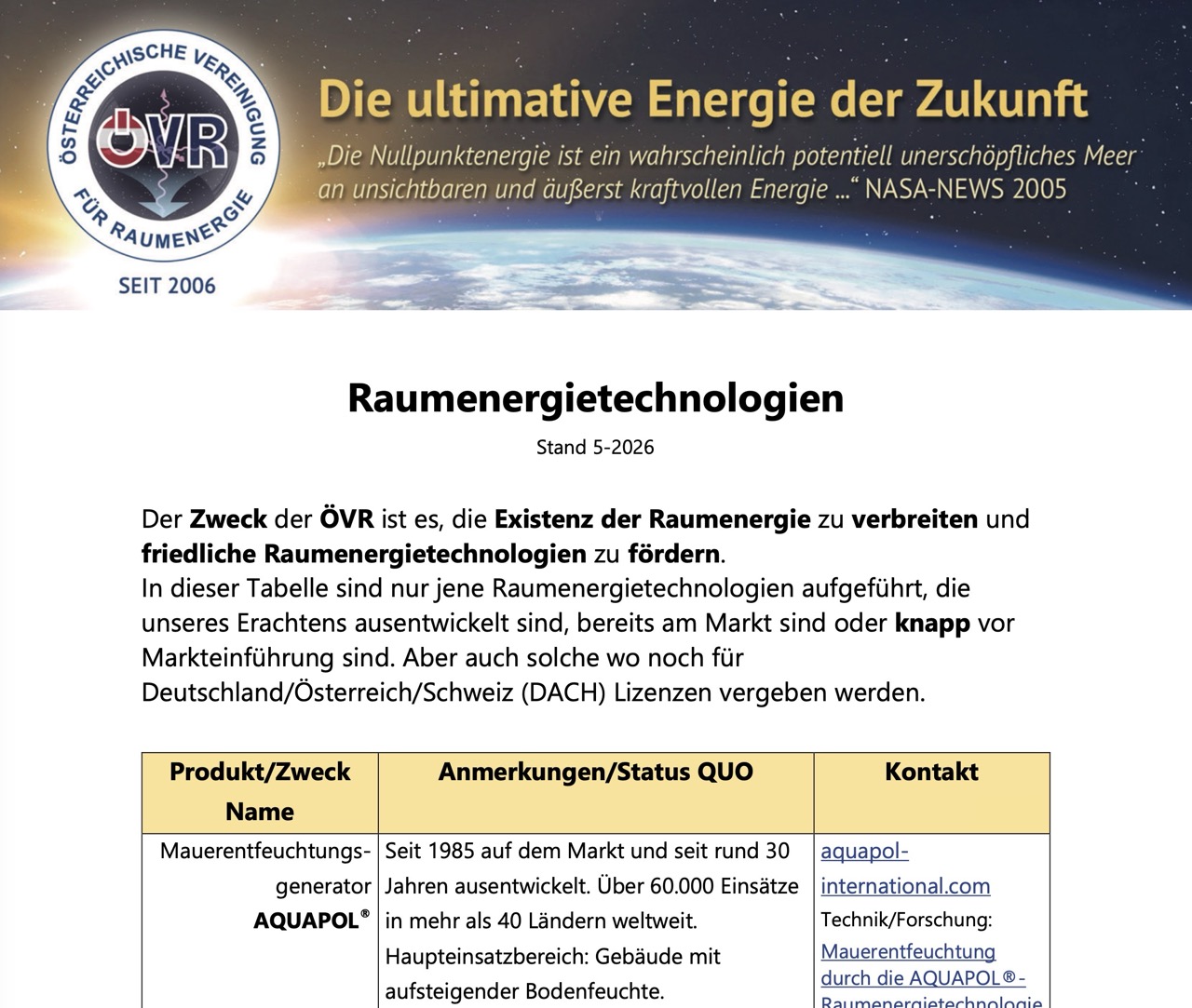 Aktueller Stand der Raumenergietechnologien